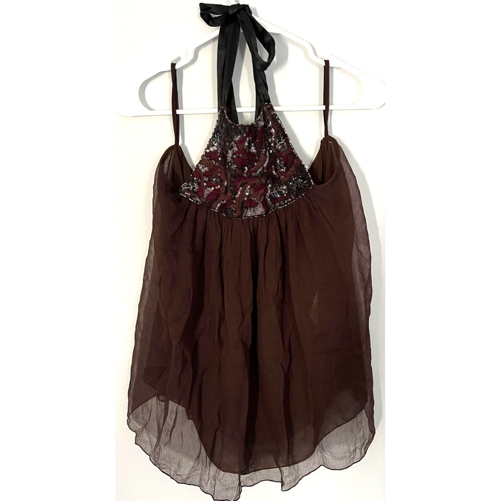 Zara Woman Top Womens M Brown Sheer Halter Sequin Bead Chiffon Camisole NWT